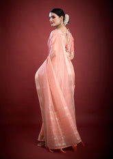 Luxury Peach Blush Saree with Intricate Zari Work